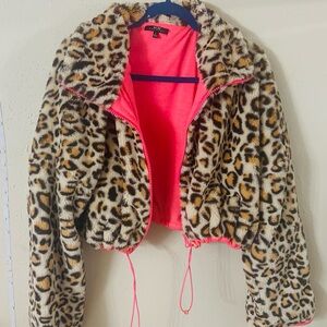 WOW couture Leopard Faux Fur Jacket with Neon Pink Lining